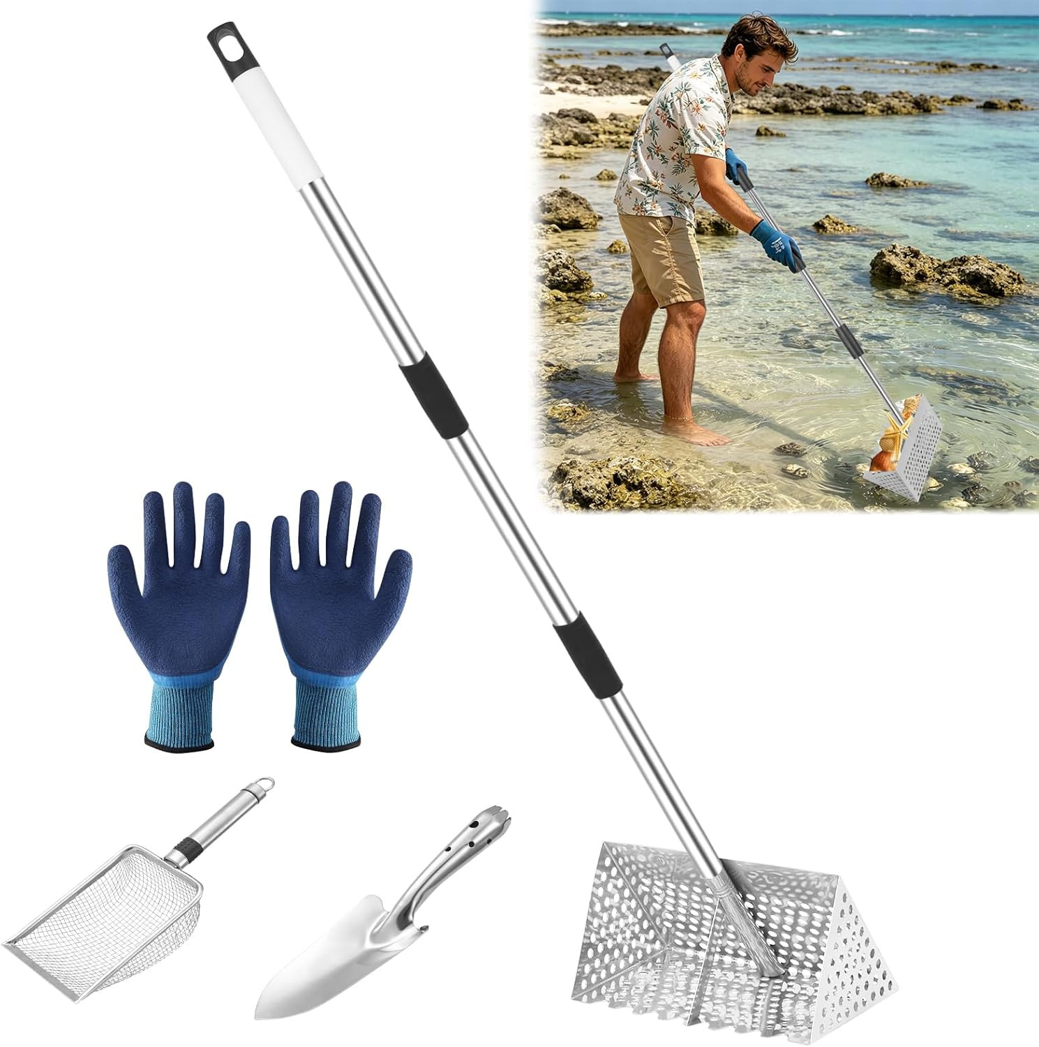 Sand Flea Rake, 65" Long Handle Stainless Steel Sand Sifter, 12" Wide Mesh Scree