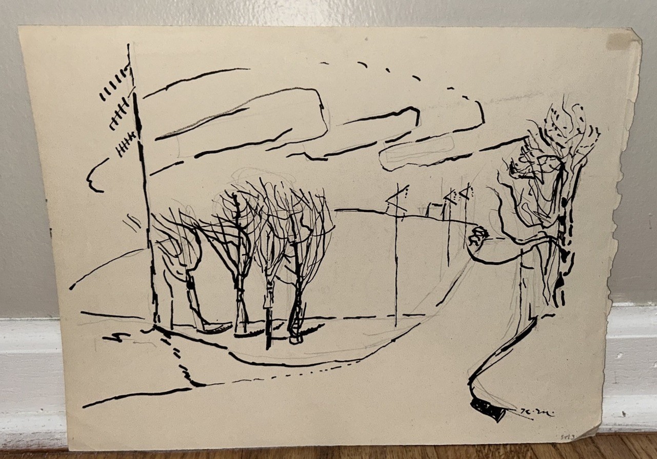 Karl Mattern Landscape Mid Century Modern Landscape With Car Iowa Artist!!!