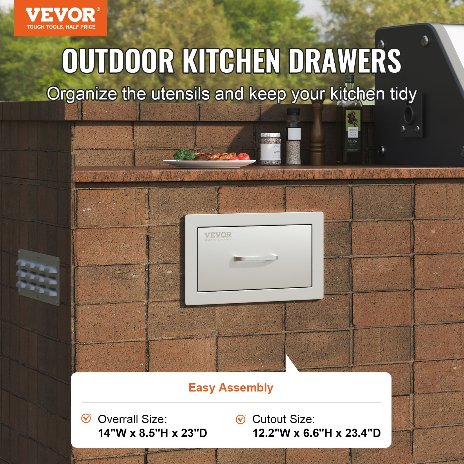 14x8.5 Inch Outdoor Kitchen Drawers Stainless Steel, Flush Mount Double Drawers