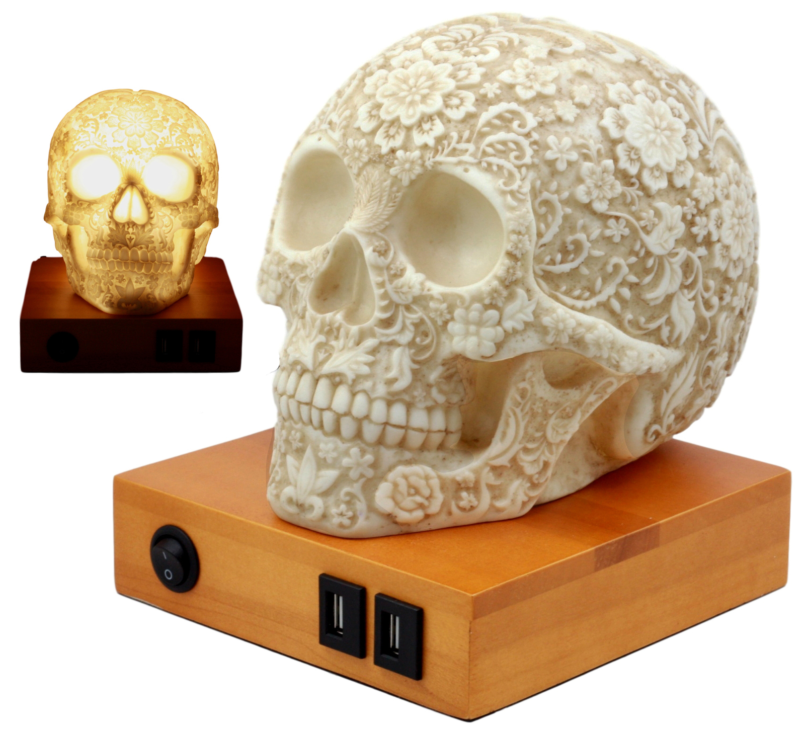 Day Of The Dead Floral Skull Lamp Table Lamp Figurine with 2 USB Charging Ports