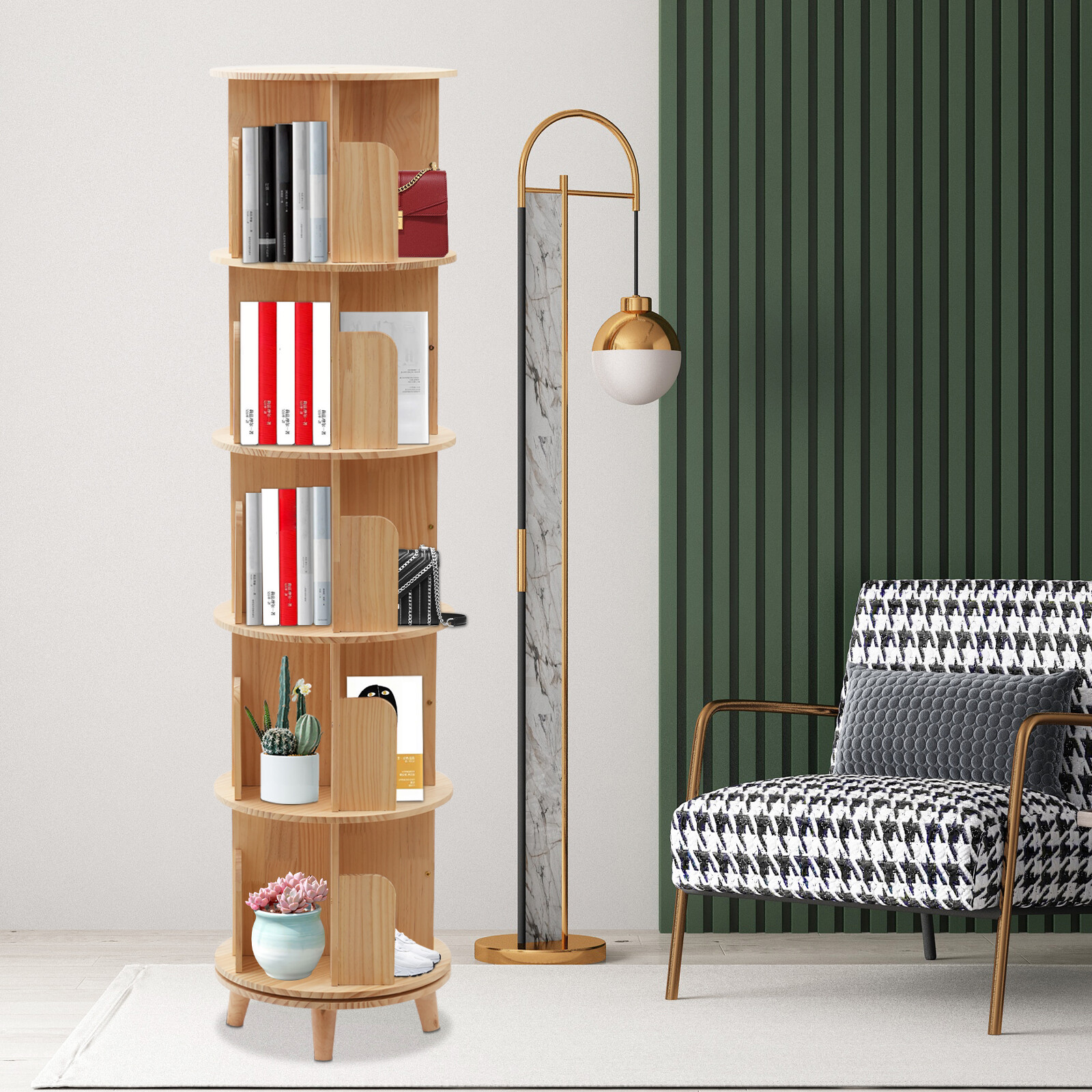 5 Tier 360?? Rotating Bookshelf Bookcase Storage Shelf Freestanding Display Rack