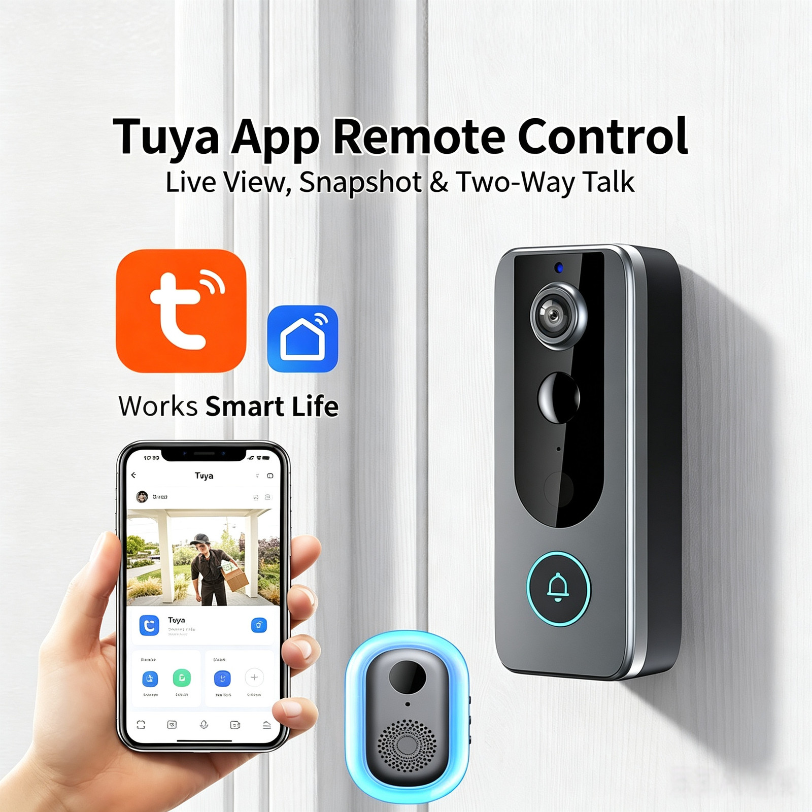 Smart Video Doorbell Camera 120° Wide Angle IP65 Waterproof Security Doorbell