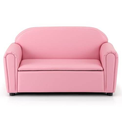 Kids Couch, 2 in 1 Double Seat Children's Sofa w/Under Seat Storage, PU Pink