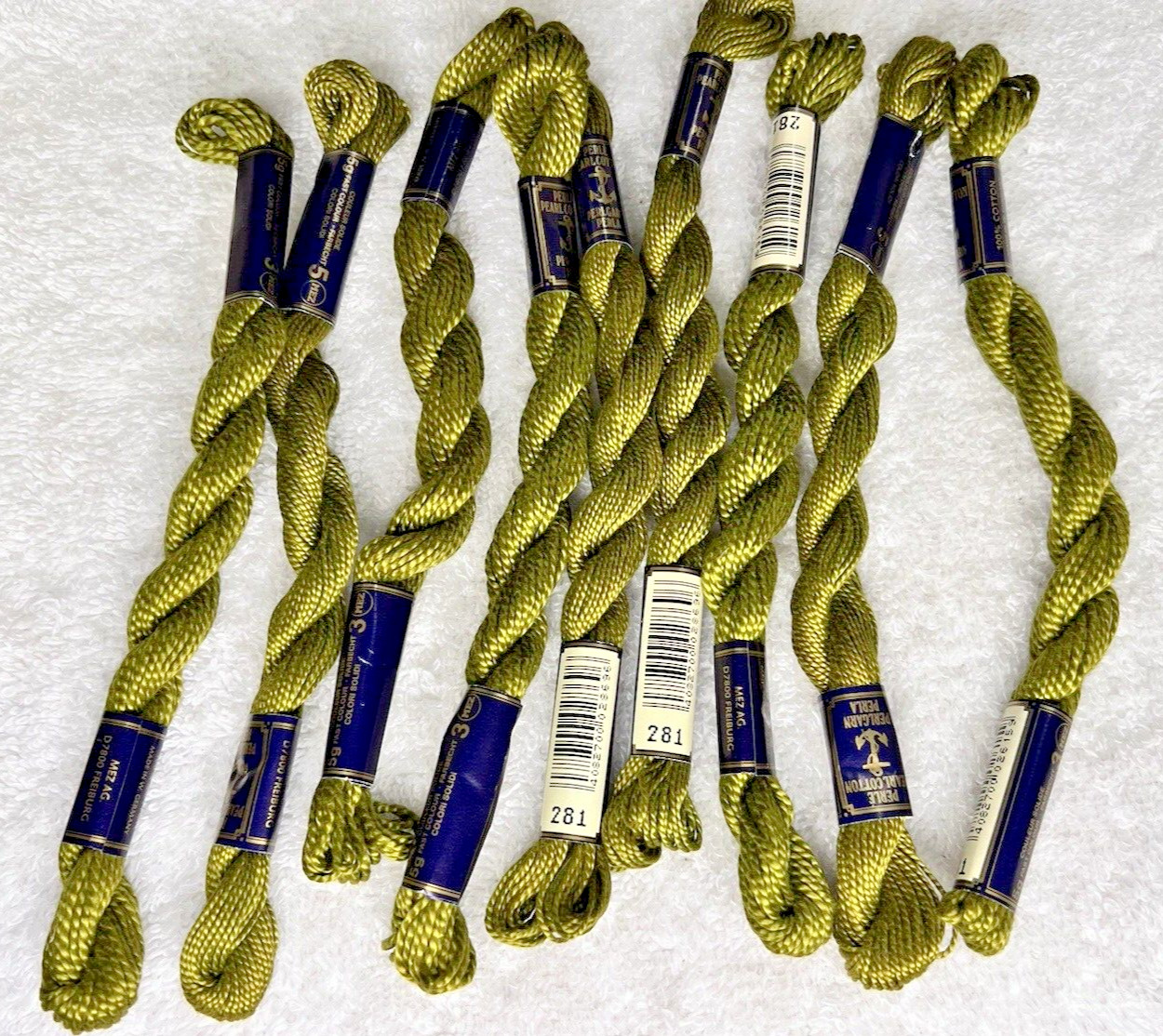 9 MINT Anchor Perle Pearl Cotton #281 Olive Embroidery Floss Vintage Skein