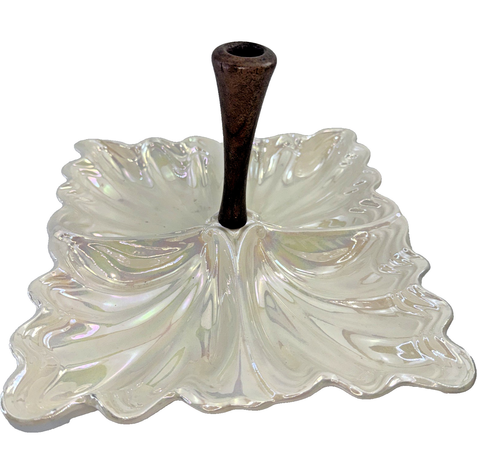 Vintage Maddux Iridescent Ceramic Tidbit Tray Wood Handle MCM Serving Dish