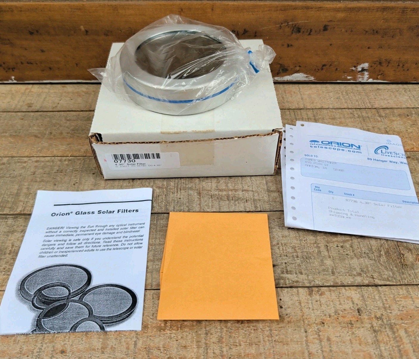 New Unused Orion Glass  Solar Filter 4.30” 07730..