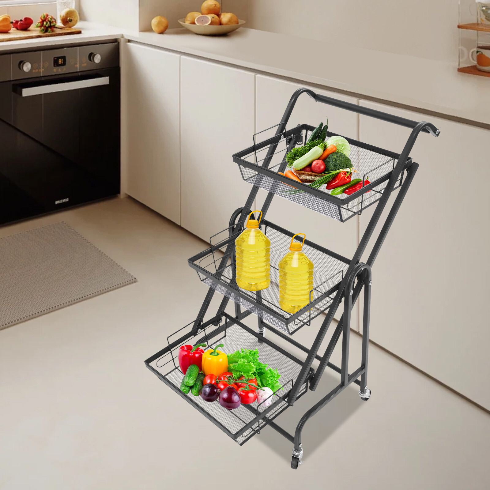 3-Tier Adjustable Metal Rolling Utility Cart, Multi-Functional Storage Cart