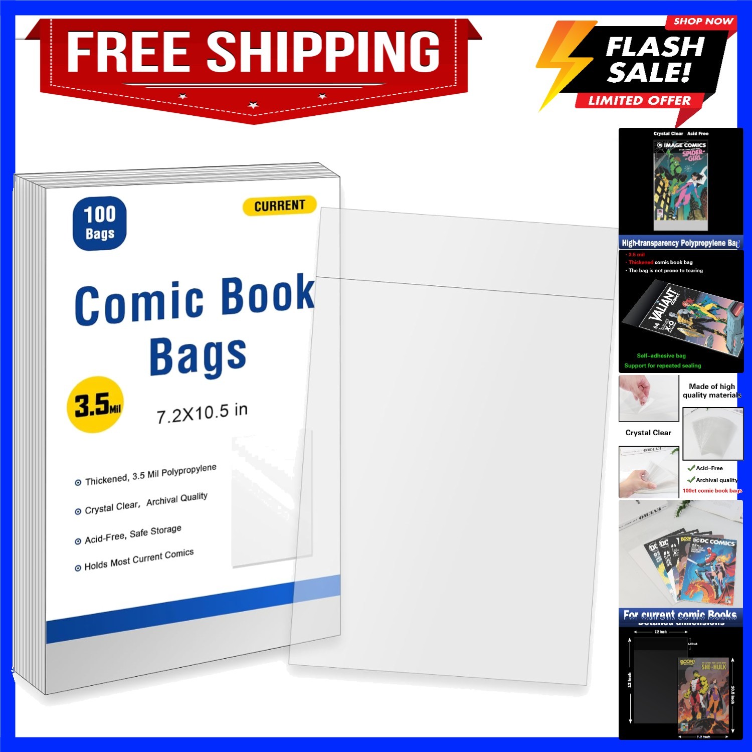100ct Current Comic Book Bags Resealable,3.5 Mil Thick Comic Book Sleeves,Aci...