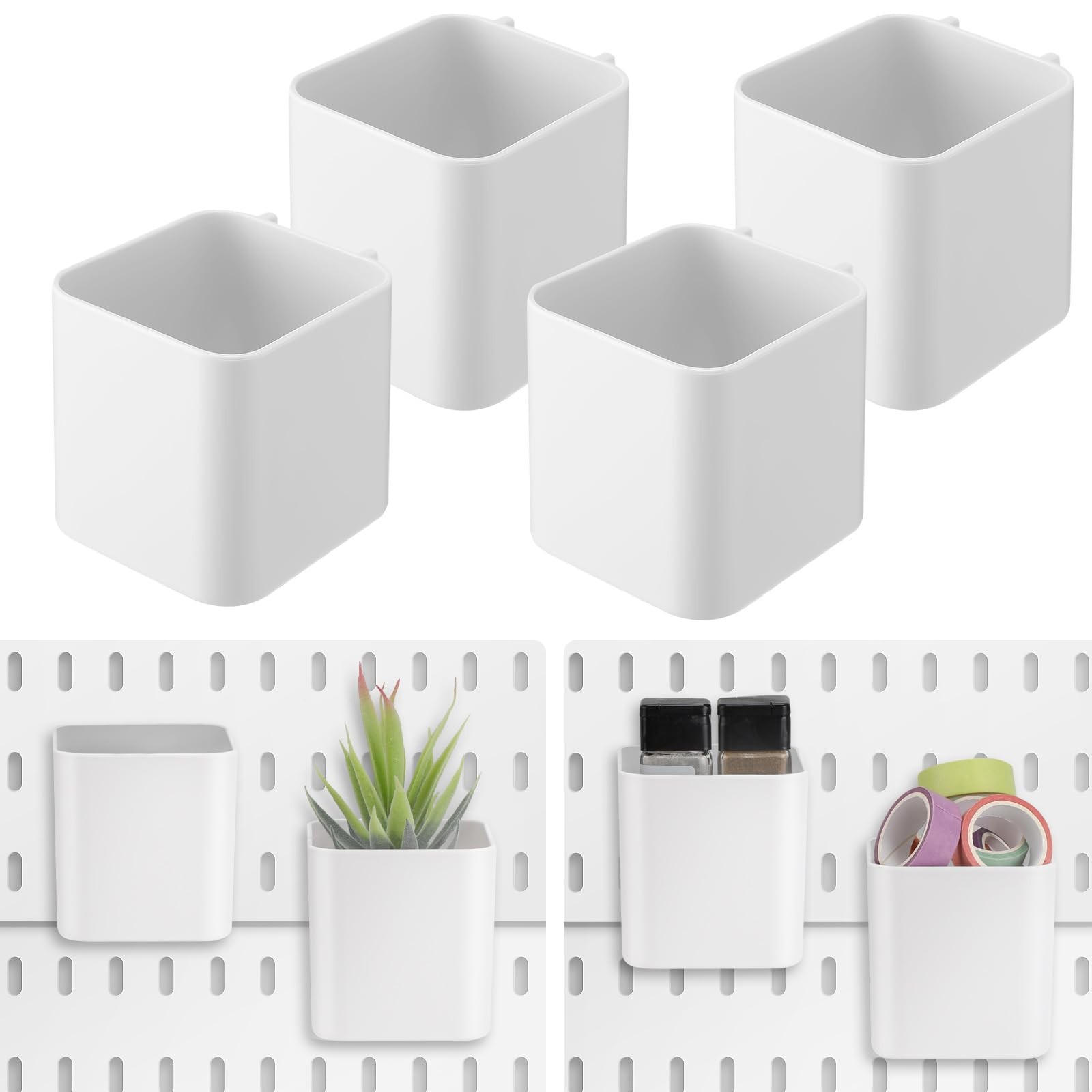 4 PCS White Pegboard Cups with Hooks 2.9x3.5x3.2 Inch Bins Accessories