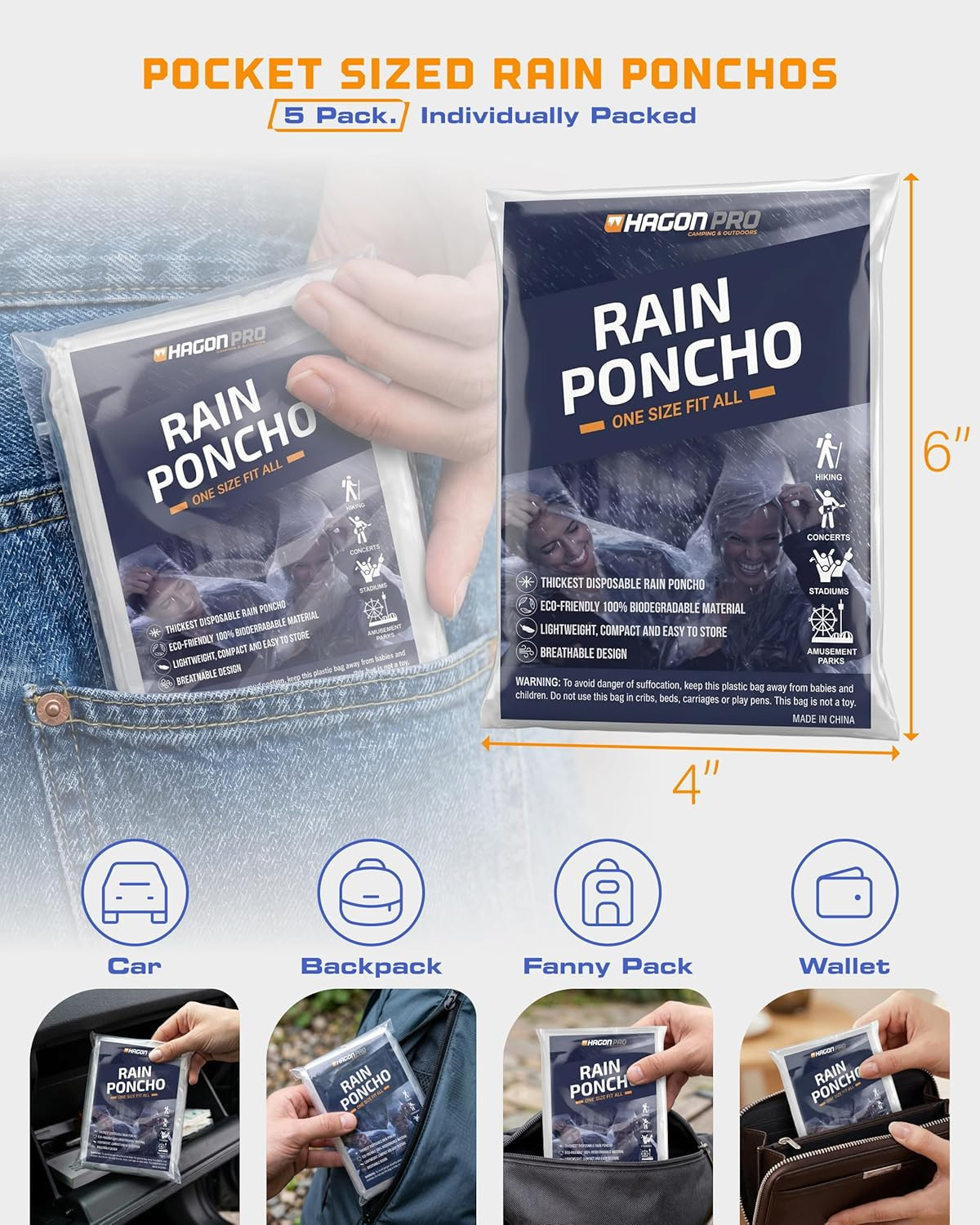 Disposable Rain Ponchos for Adults (5 Pack)