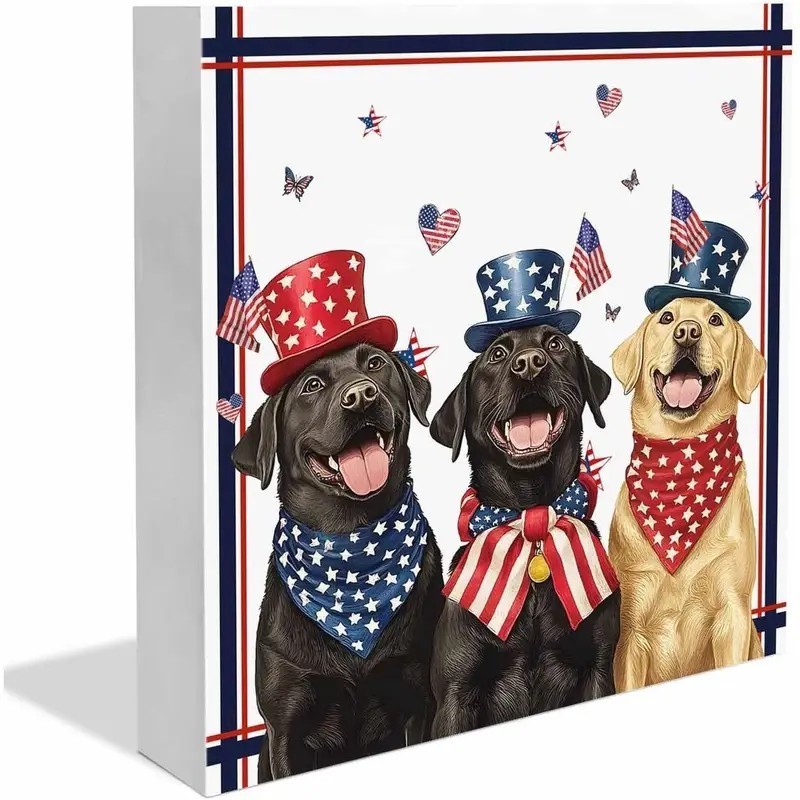Patriotic Labradors 4th of July Wooden Box Tabletop Decor 5"