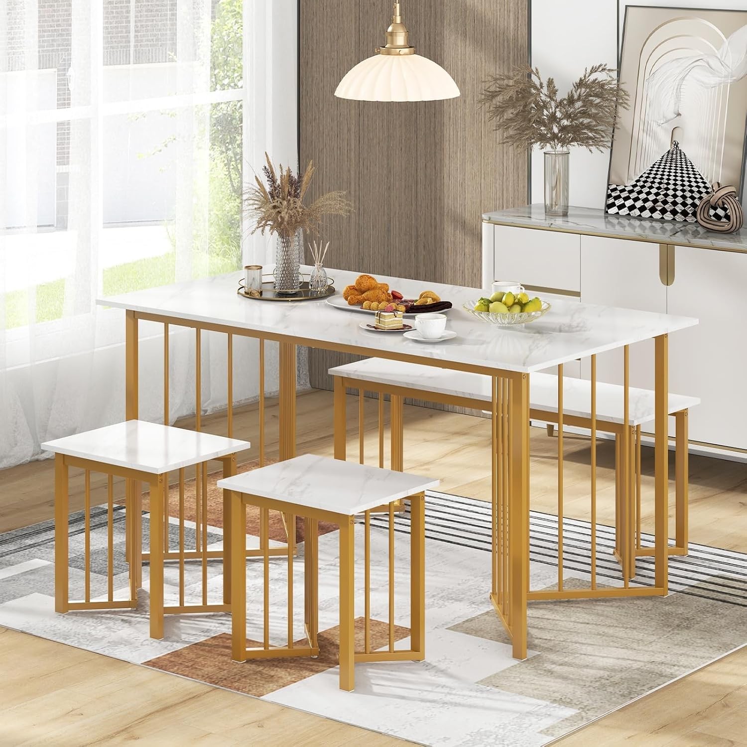 4-Piece Dining Table Set for 4, Kitchen Table Chairs Set with Bench & 2 Stools,