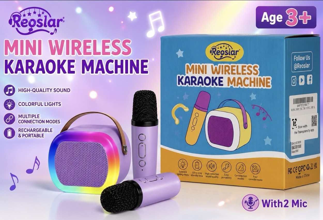 Reoslar Mini Wireless Kids Karaoke Machine RE-01 Portable 2 Microphones Purple