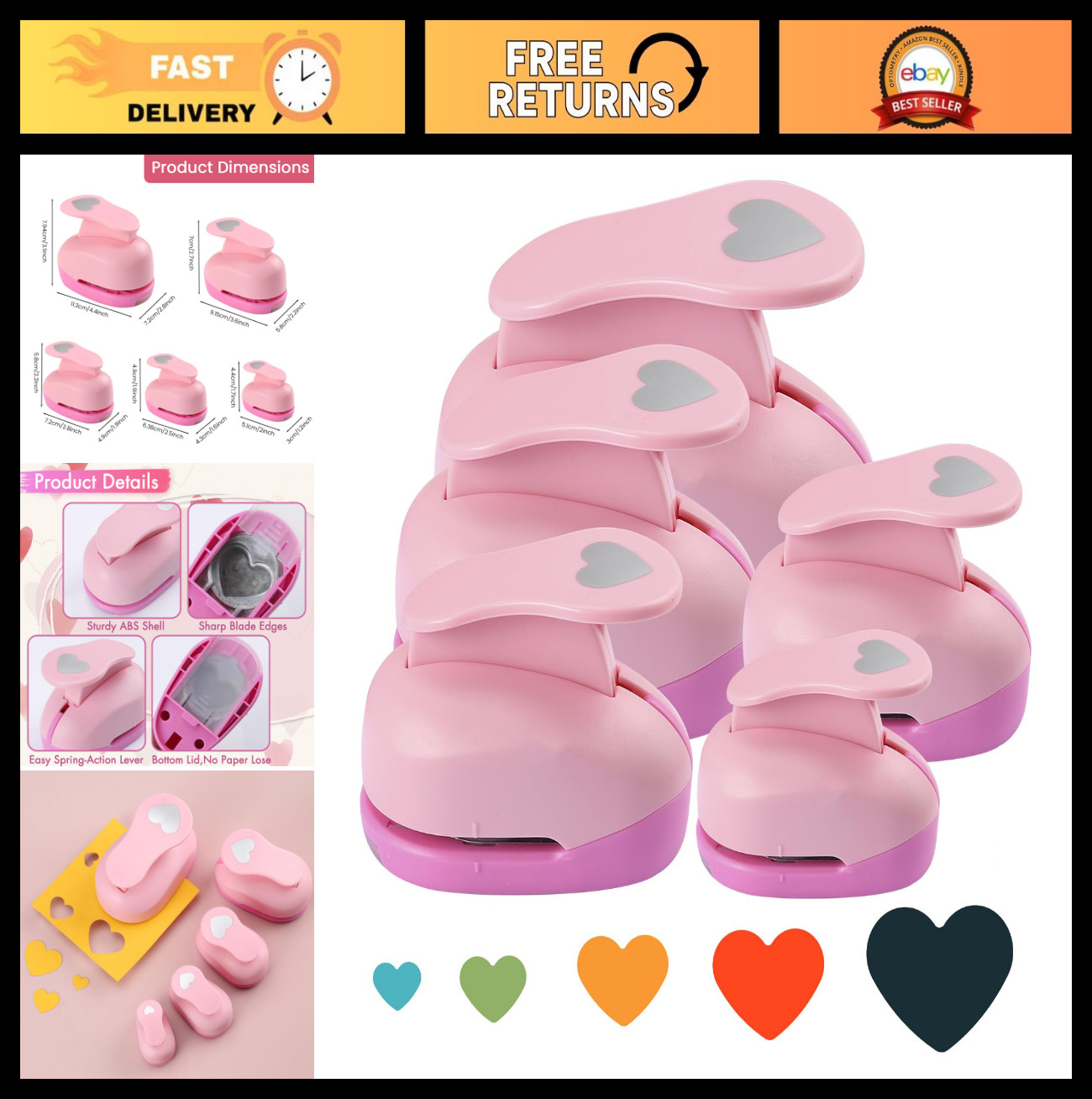 Heart Paper Punch Set - 5 Sizes (3/8" to 2") for Crafting, Card Making & DIY Pro