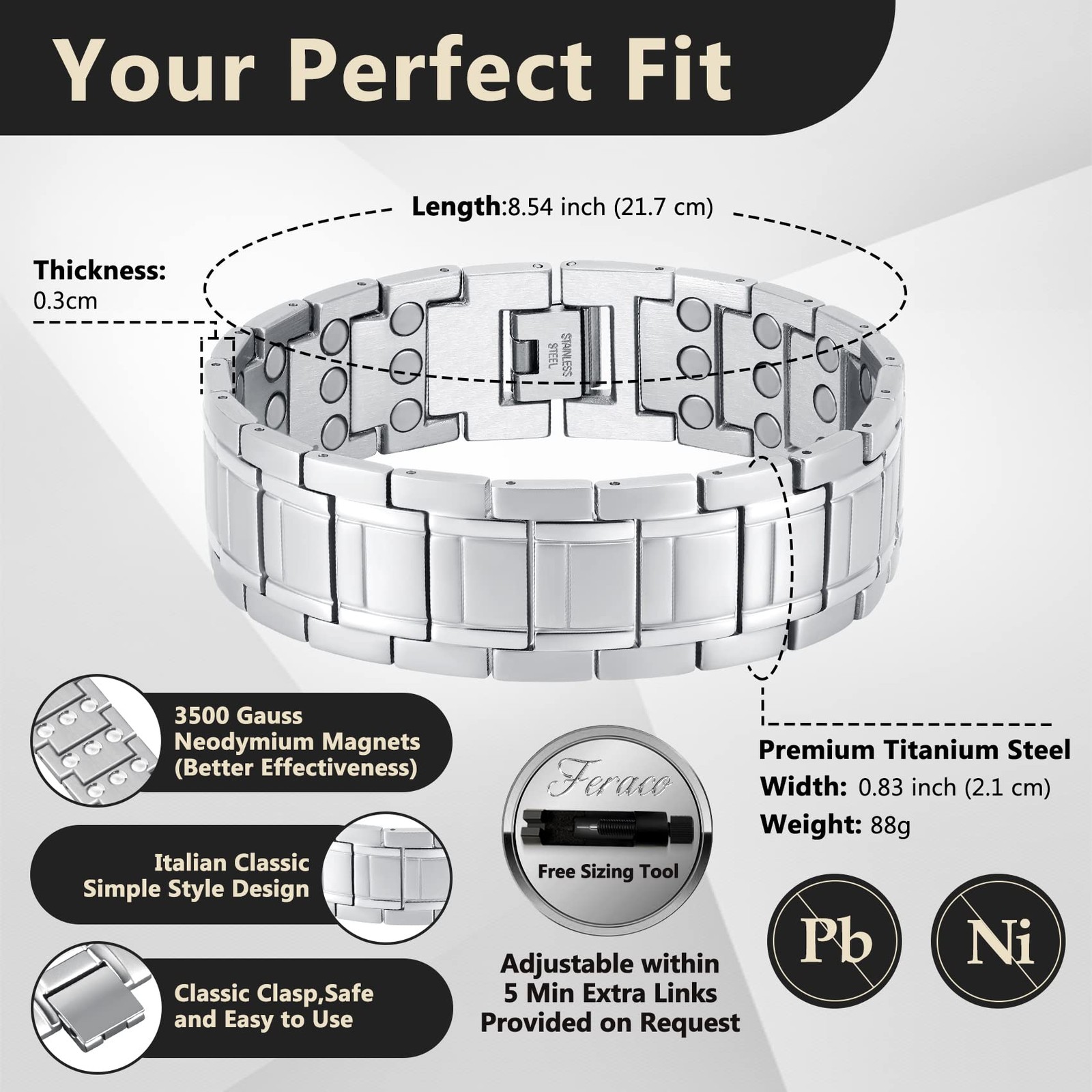 Feraco 3X Magnetic Bracelets for Men Titanium Steel Medium, Silver