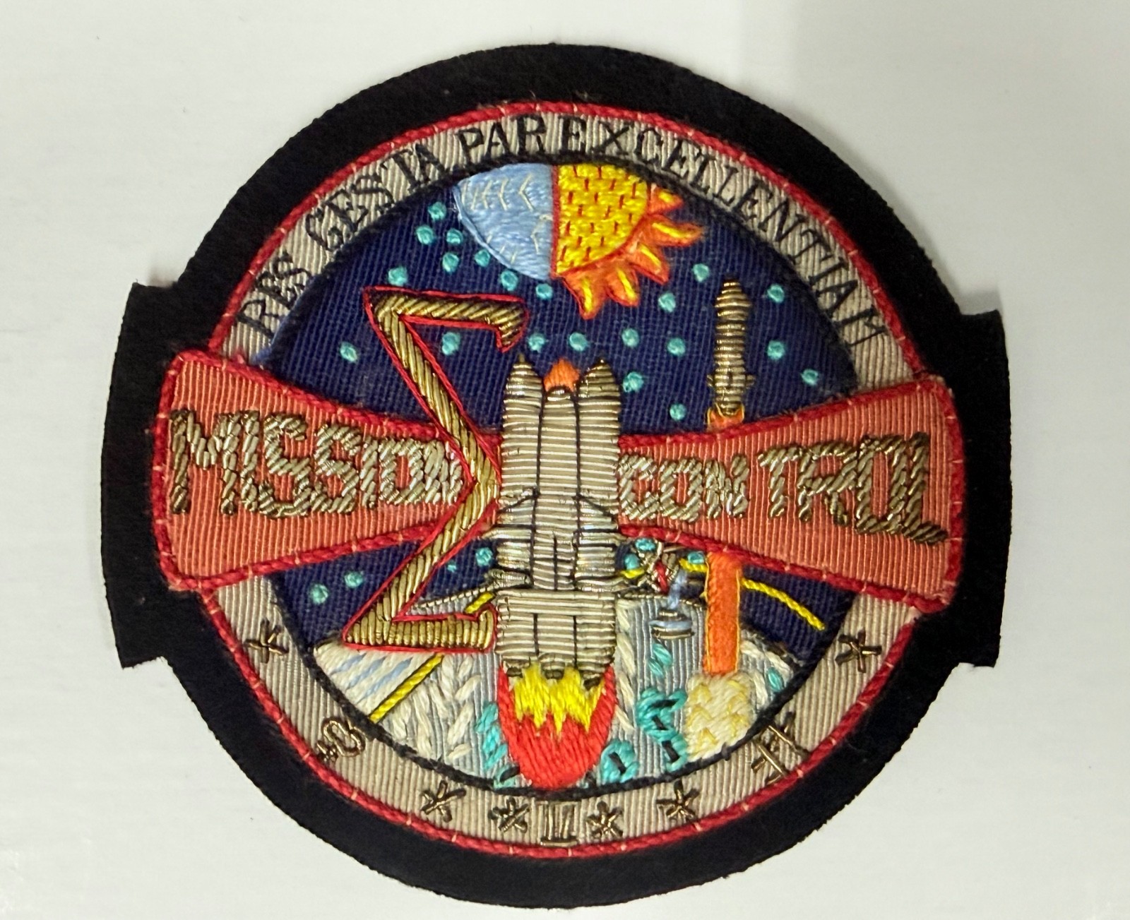 Vtg NASA Mission Control Bullion Patch Res Gesta Per Excellentiam Gold Wire MCC