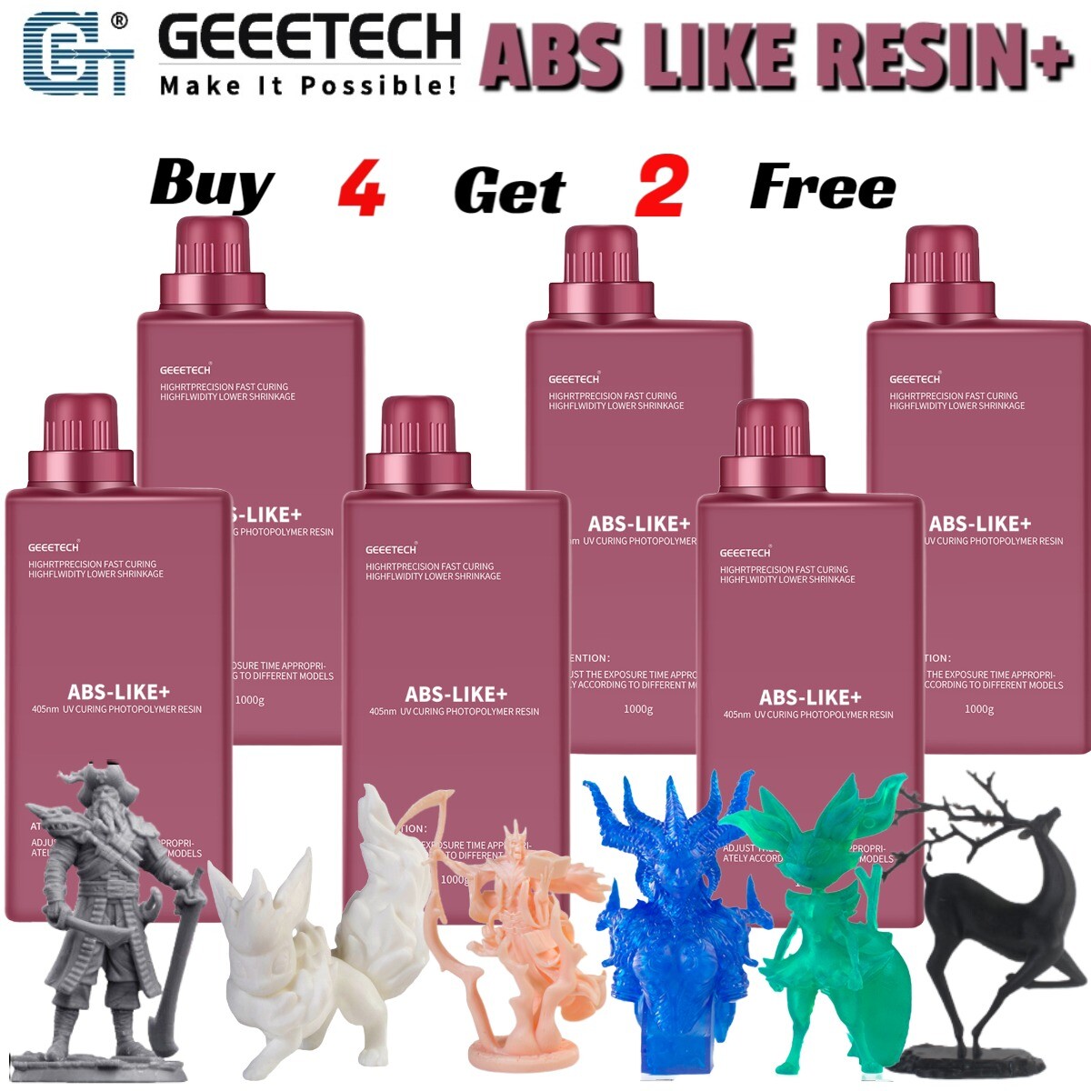 【Buy 4 Get 2 Free,Add 6】GEEETECH 1KG SLA/LCD 3D Printer ABS-LIKE 405nm UV Resin