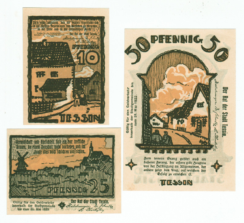 SET OF 3 GERMANY NOTGELD 10.20.50 PFENNIG STADT-TESSIN 1922 UNC