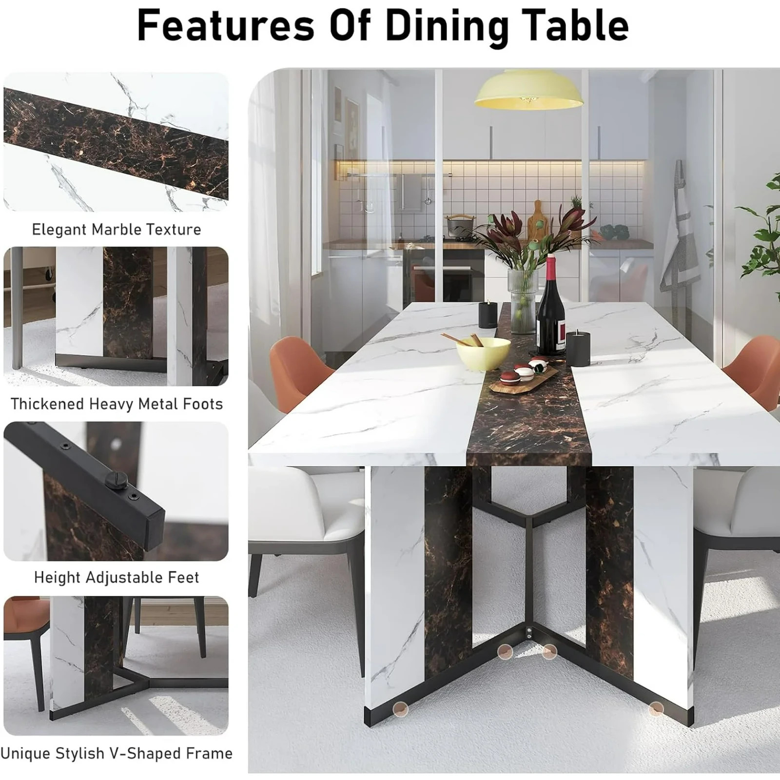 6 ft Large Modern Rectangular Dining Table for 6-8 People White Faux Marble Fin