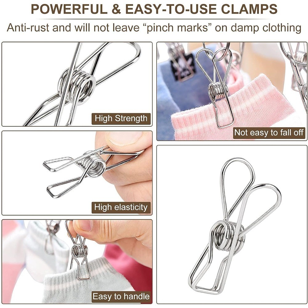 Foldable Stainless Steel Clothes Drying Rack with 20 Clips for Laundry Socks