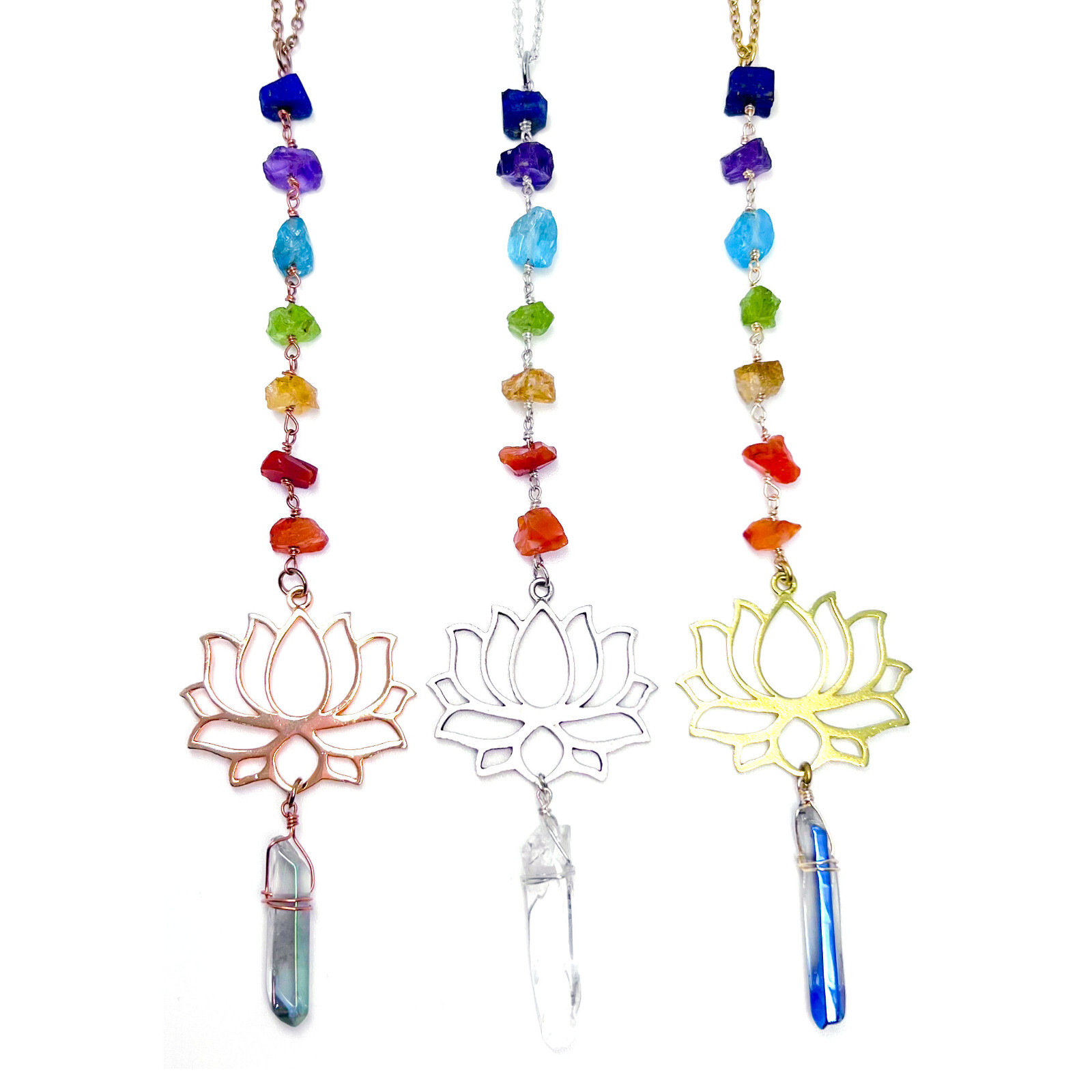 7 Chakra Car Charm, Rose Gold and Silver Lotus, Aura Quartz, Suncatcher