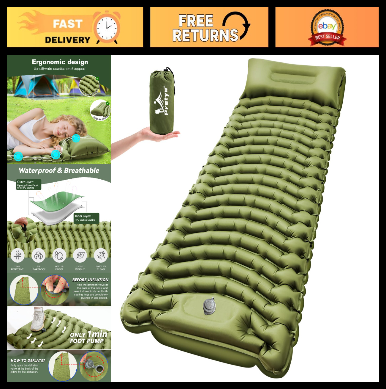 Ultralight Inflatable Camping Sleeping Pad with Pillow & Foot Pump - Compact Tra