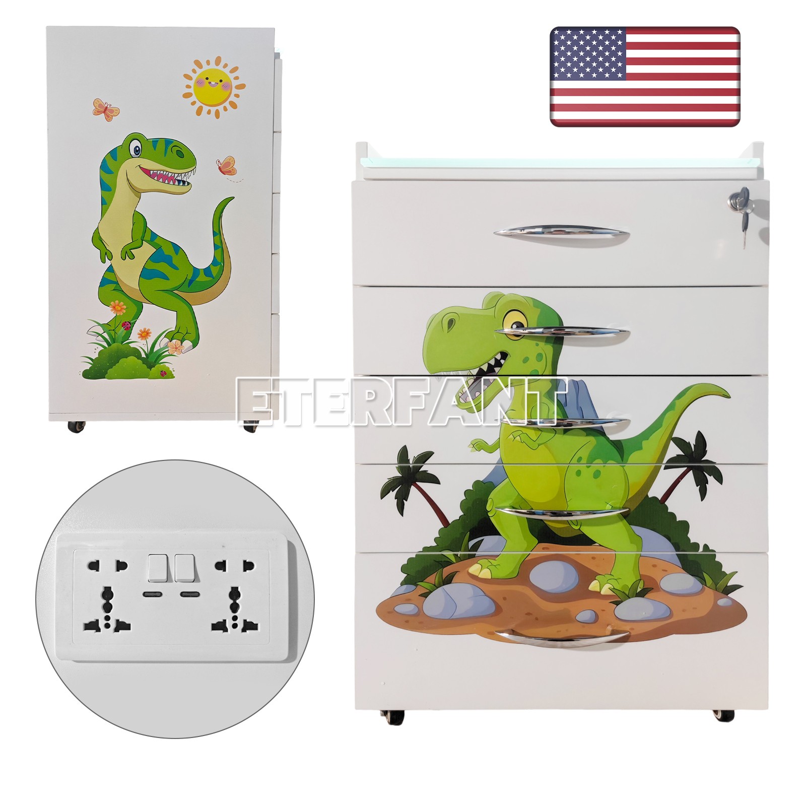 Dental 5 Drawers Cartoon Trolley Acrylic Mobile Wooden Cabinet Rolling Cart US