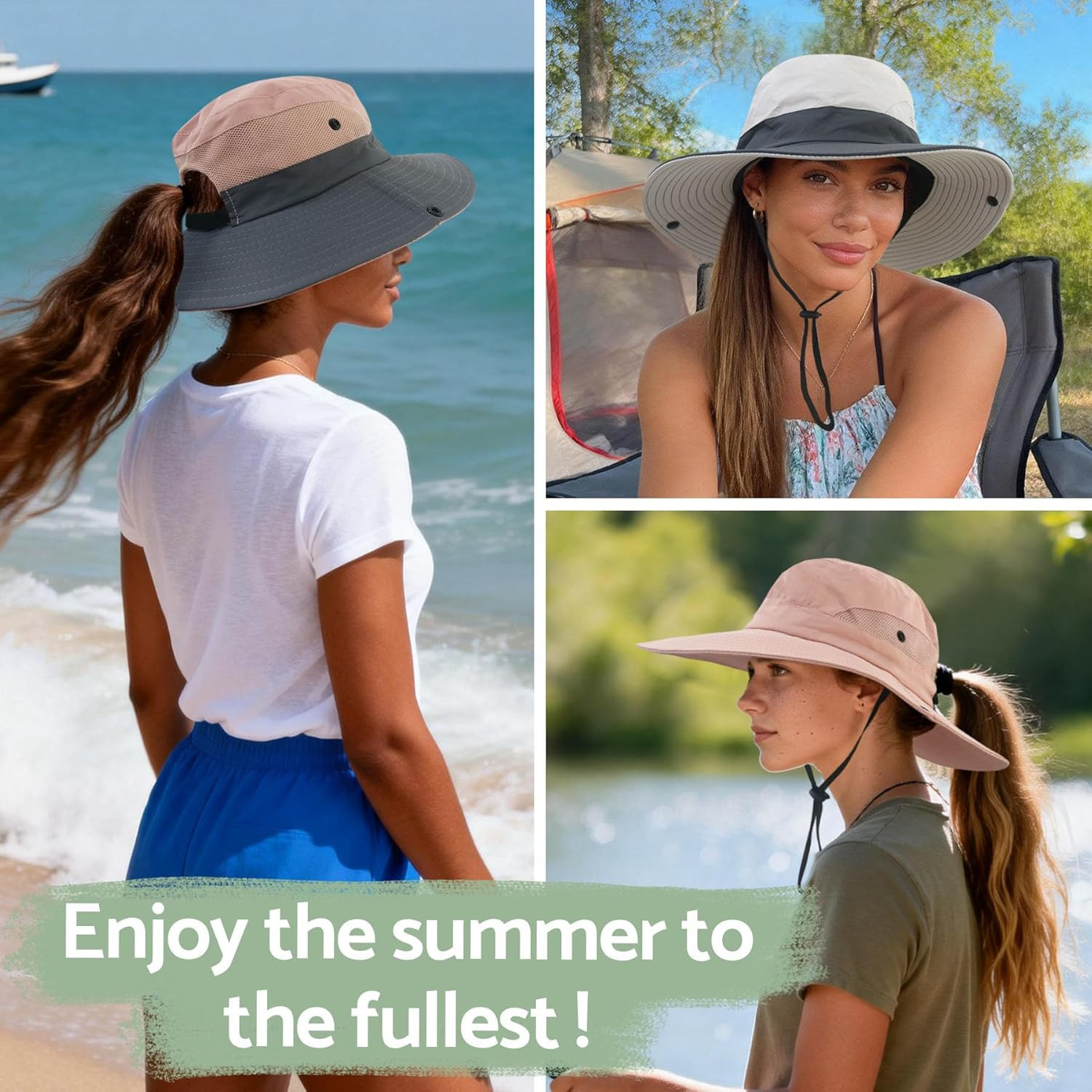 Ponytail Sun Bucket Hats for Men and Women - UPF 50+ Wide Brim Fishing Hats