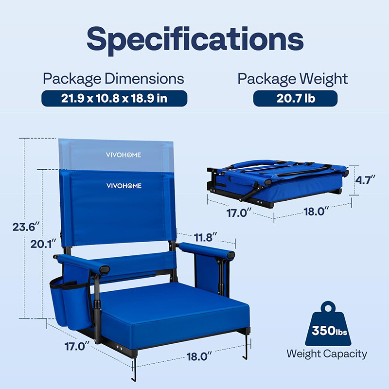 Height Adjustable High Back Stadium Seats 2 Pack Portable Bleacher Chairs Blue