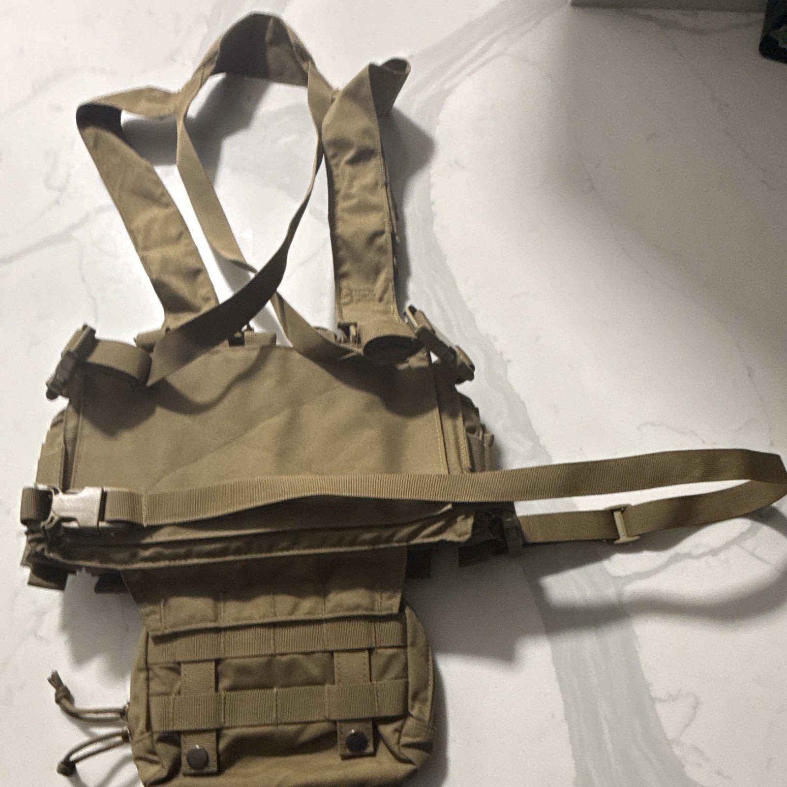 Tactical Chest Rig Harness w/Attached Pouches, Adjustable Nylon Tan