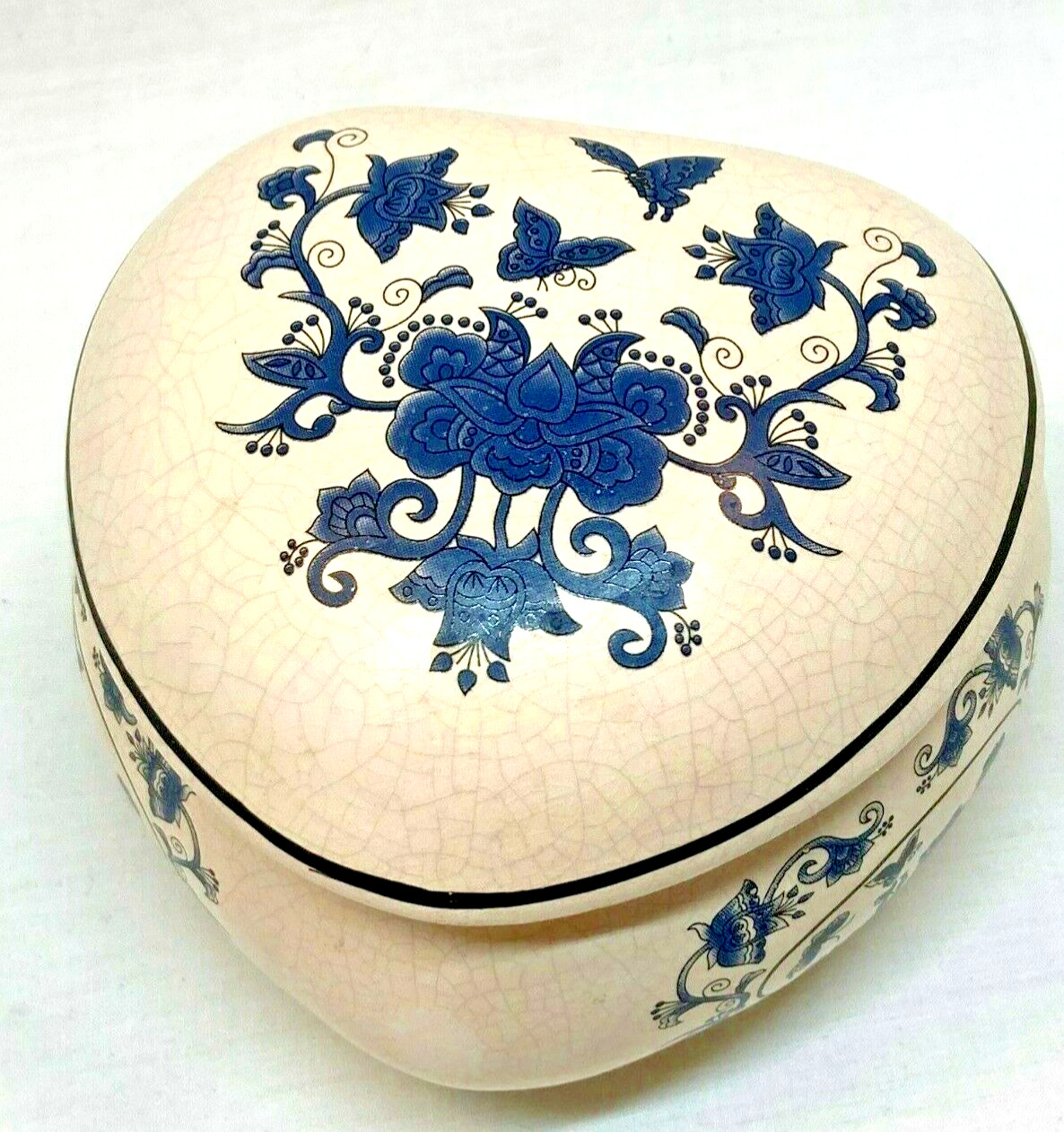 Heart Shaped Covered Ivory Blue Butterfly 3 Footed Crackle Trinket Box