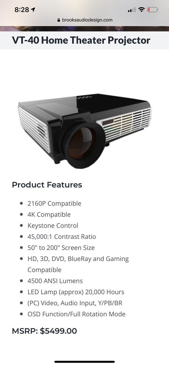 Brooks Cinema Series VT40 Home Theater Projector & Ceiling Mount Open Box Bundle