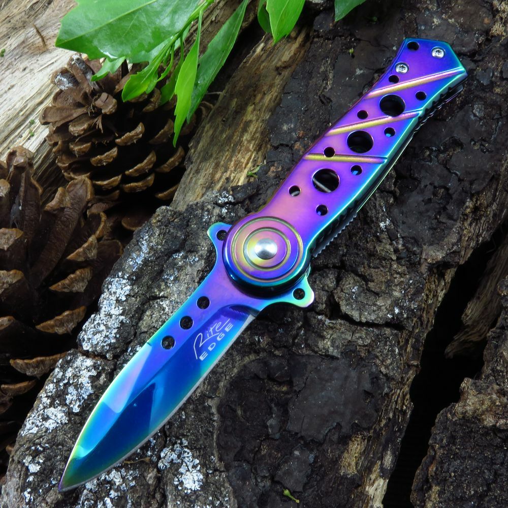SPRING-ASSIST FOLDING POCKET KNIFE | Rainbow Stiletto Dagger Blade Tactical EDC