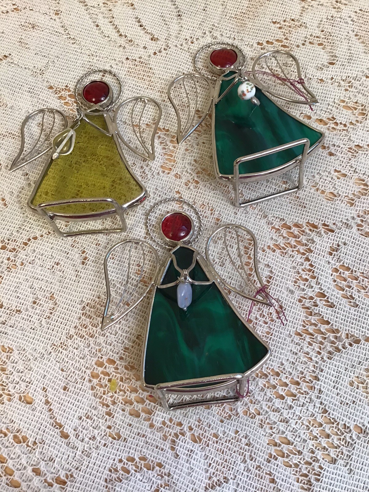 3 Stained Glass Angels - Green & Yellow Sun catchers / Ornaments - Free Standing