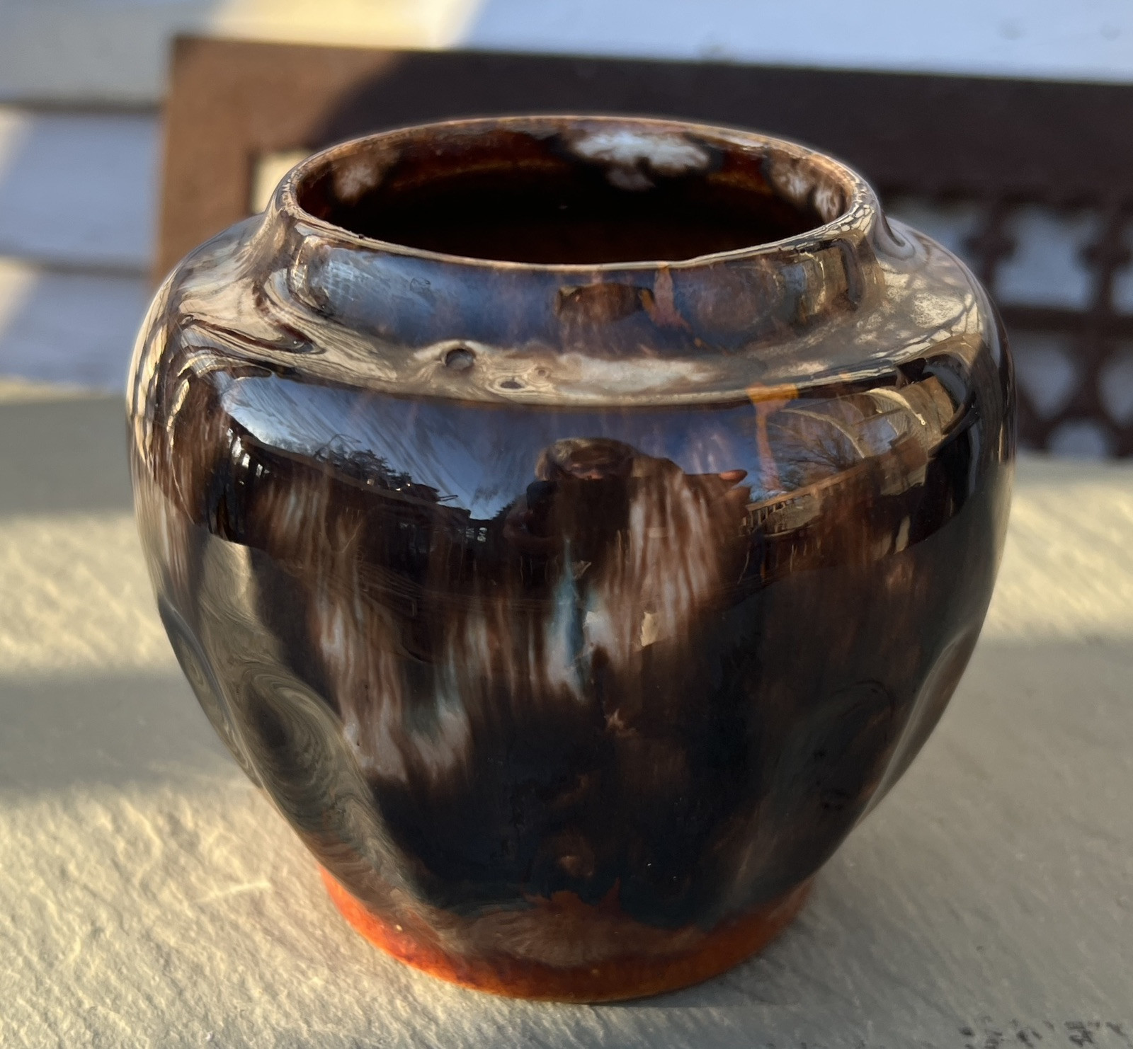 Antique Brush McCoy Brown and Tan Onyx Arts & Craft Period Pottery 4" Jardiniere