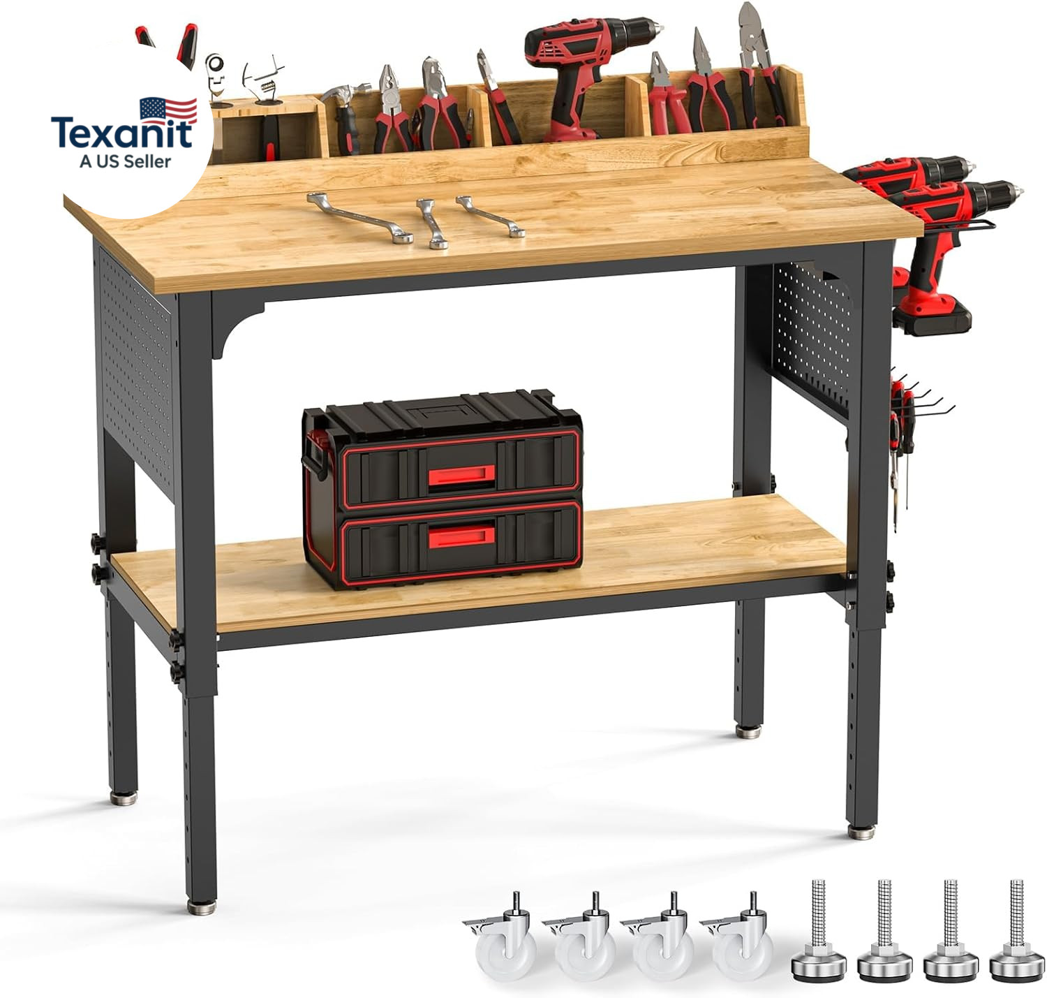 Heavy-Duty 48" Adjustable Height Workbench - 2200 LBS Capacity with Storage & Pe
