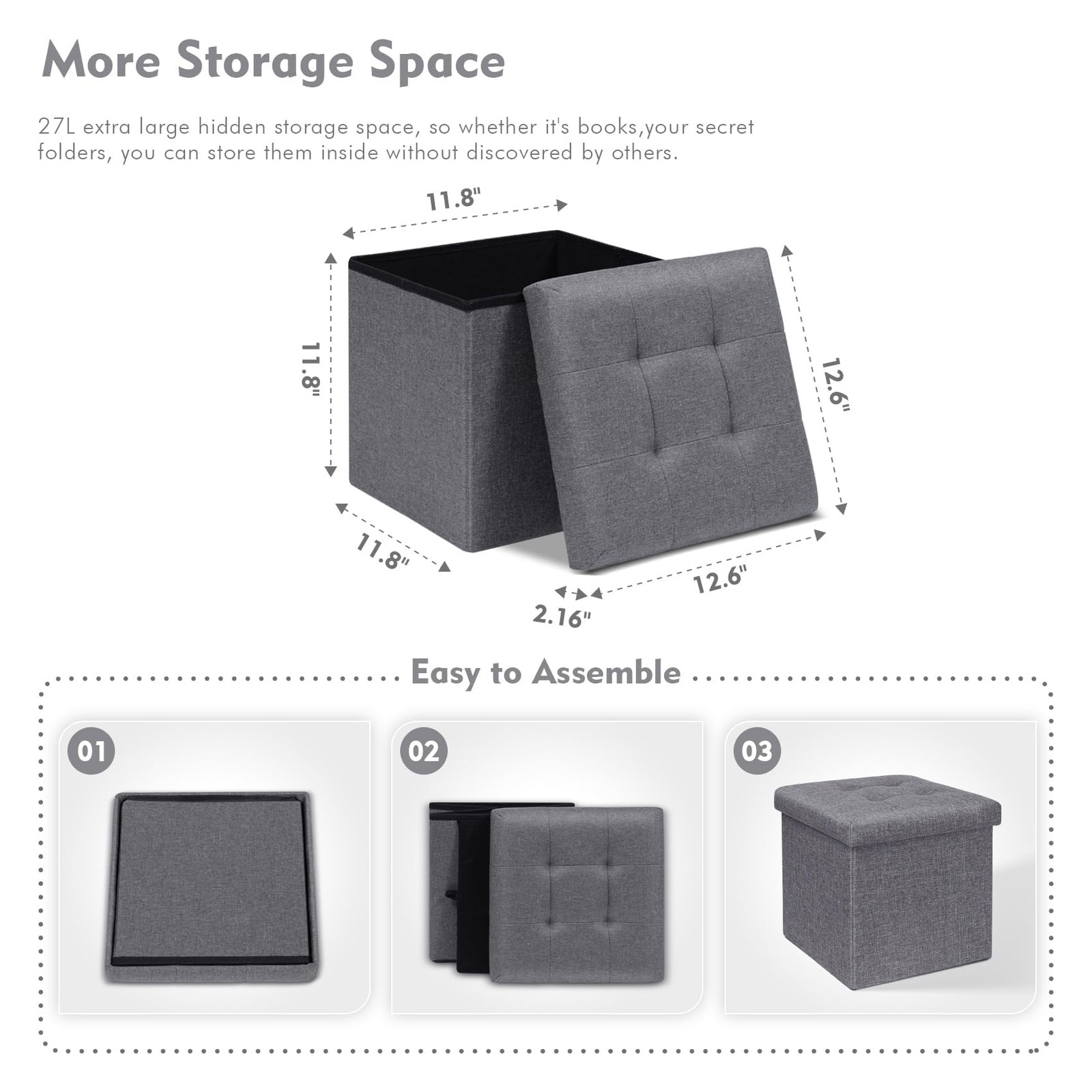 B FSOBEIIALEO Storage Ottoman Cube, Toy Chest Folding Foot Rest Seat, Linen Grey