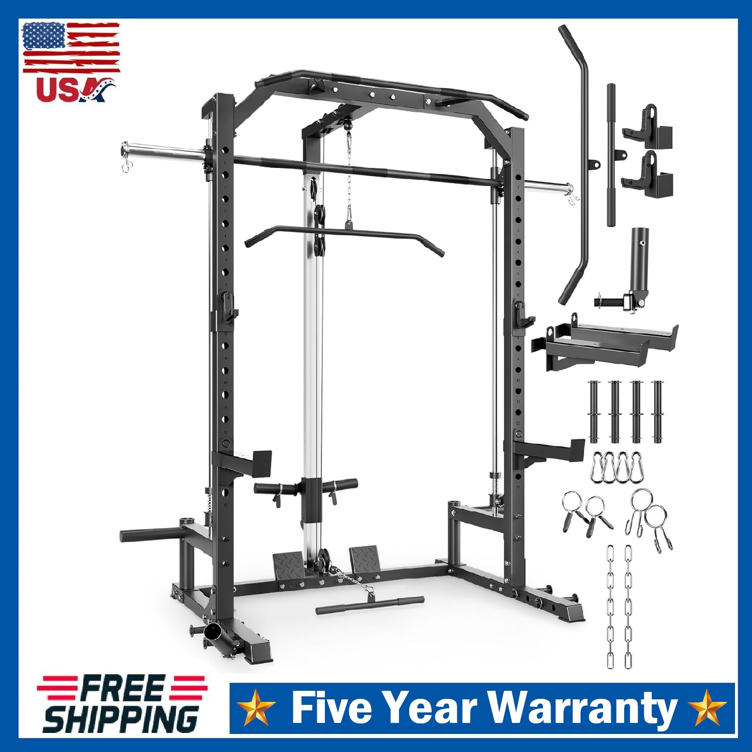 Smith Machine Power Cage Squat Rack with Cable System, LAT Pulldown for Home Gym
