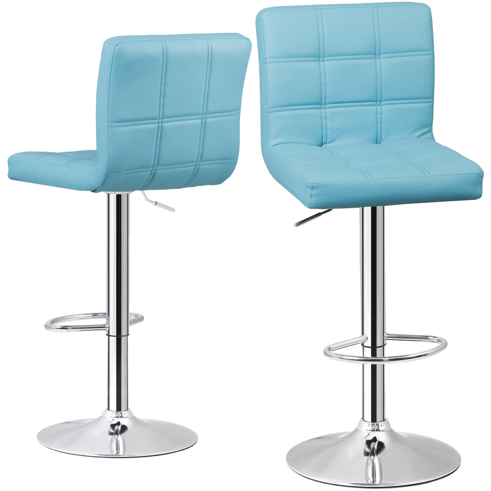 2PCS Bar Stools Blue PU Leather Height Adjustable Swivel Barstools Armless