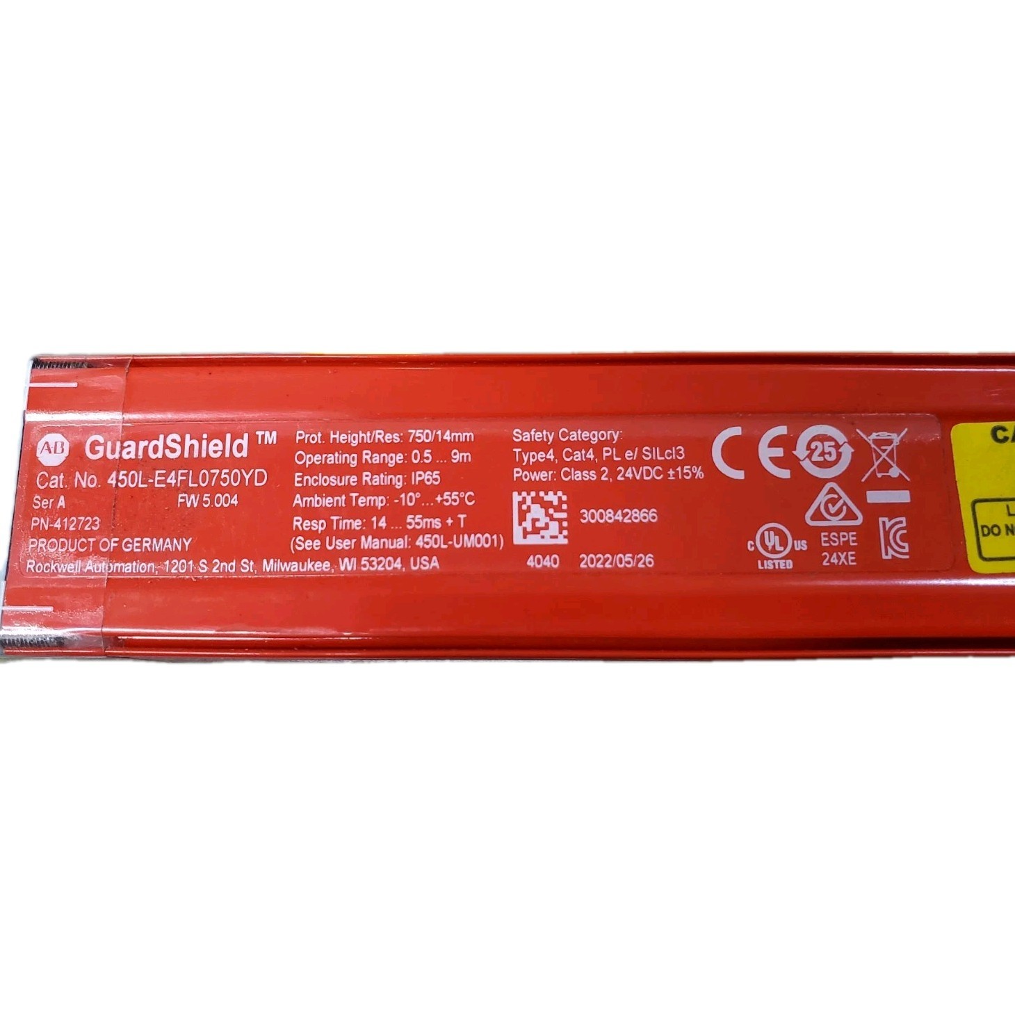 Allen Bradley 450L-E4FL0750YD GuardShield Safety Light Curtain 750mm 14mm