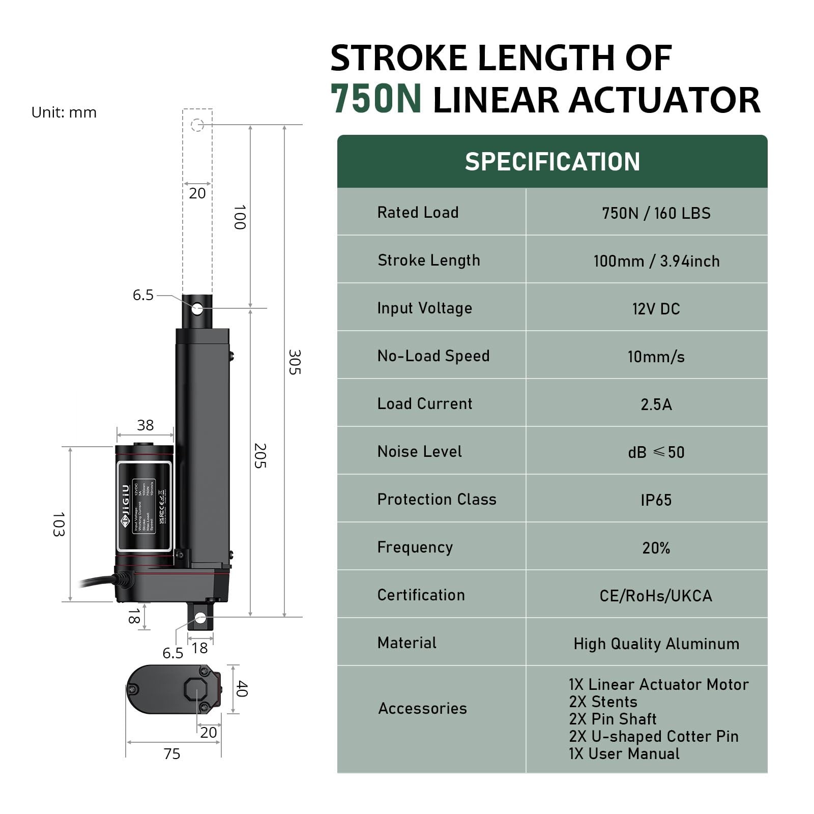 4" Stroke Heavy Duty 12V Linear Actuator 160lbs with Mounting Brackets