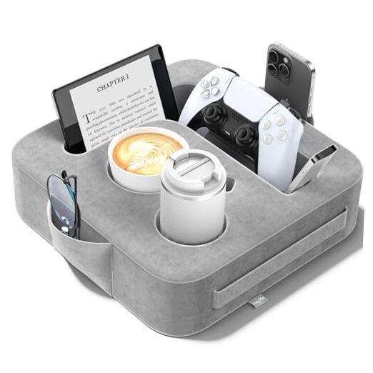 Couch Cup Holder Pillow, Sofa and Bed Caddy for iPad, Kindle, Small Ash Gray
