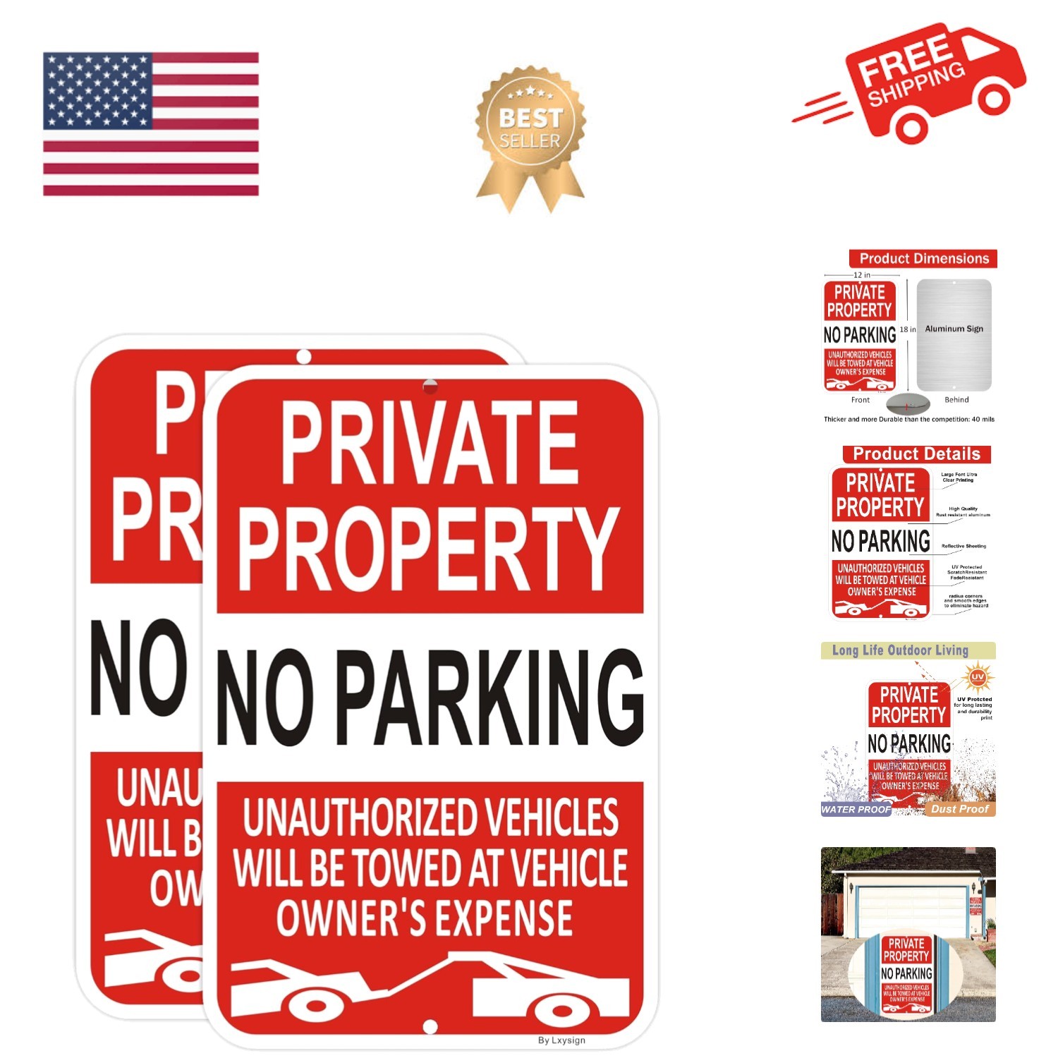 2 Pack Private Property No Parking Signs, 18x12 Inches, Reflective Aluminum S...