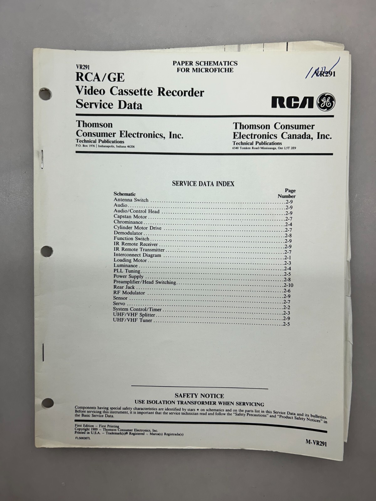 RCA VR291 Original Schematics Free Shipping