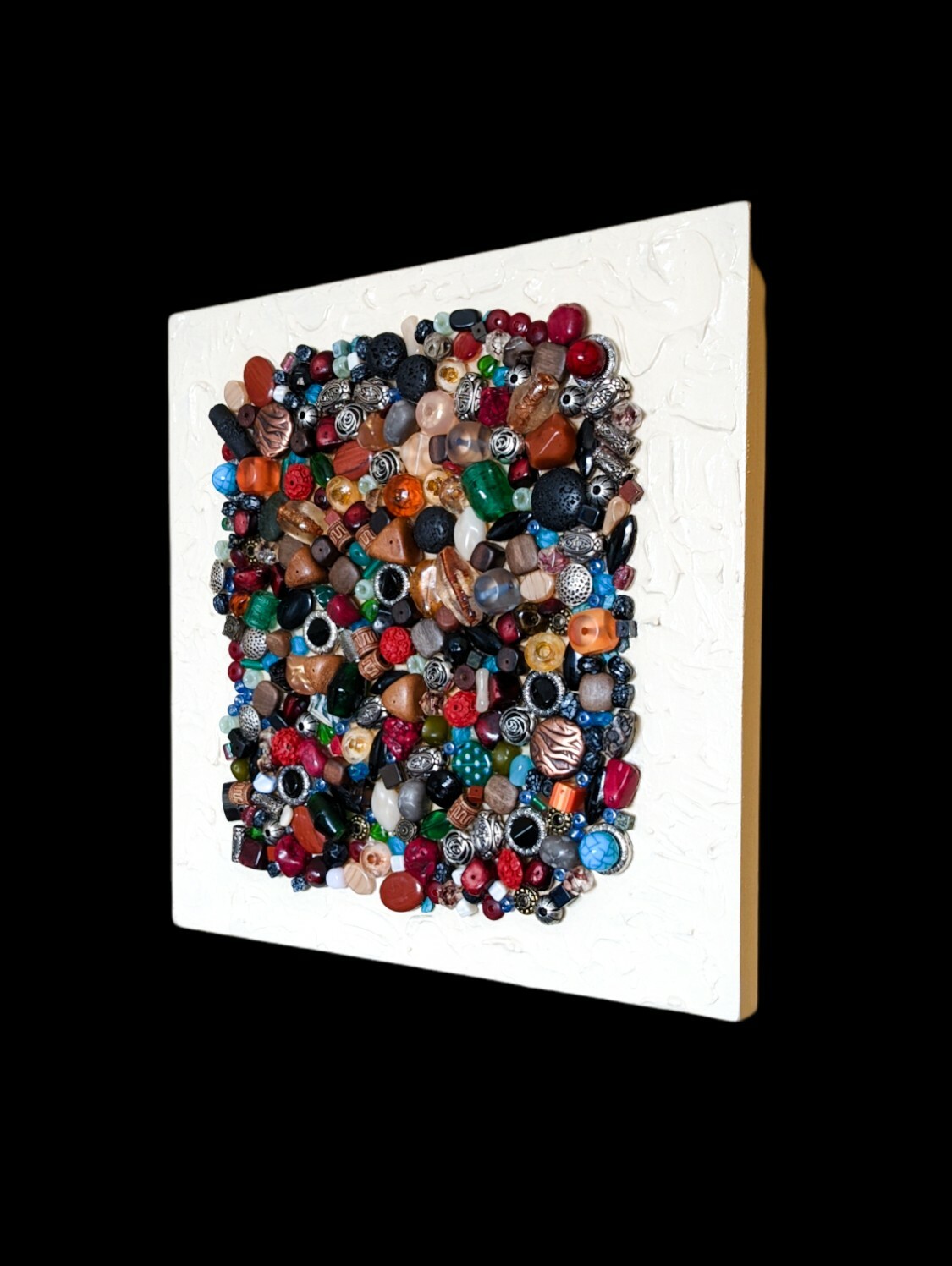 Original Mixed Media Art Wood Panel 12X12 Collage Bead Gemstones Wall Sculpture