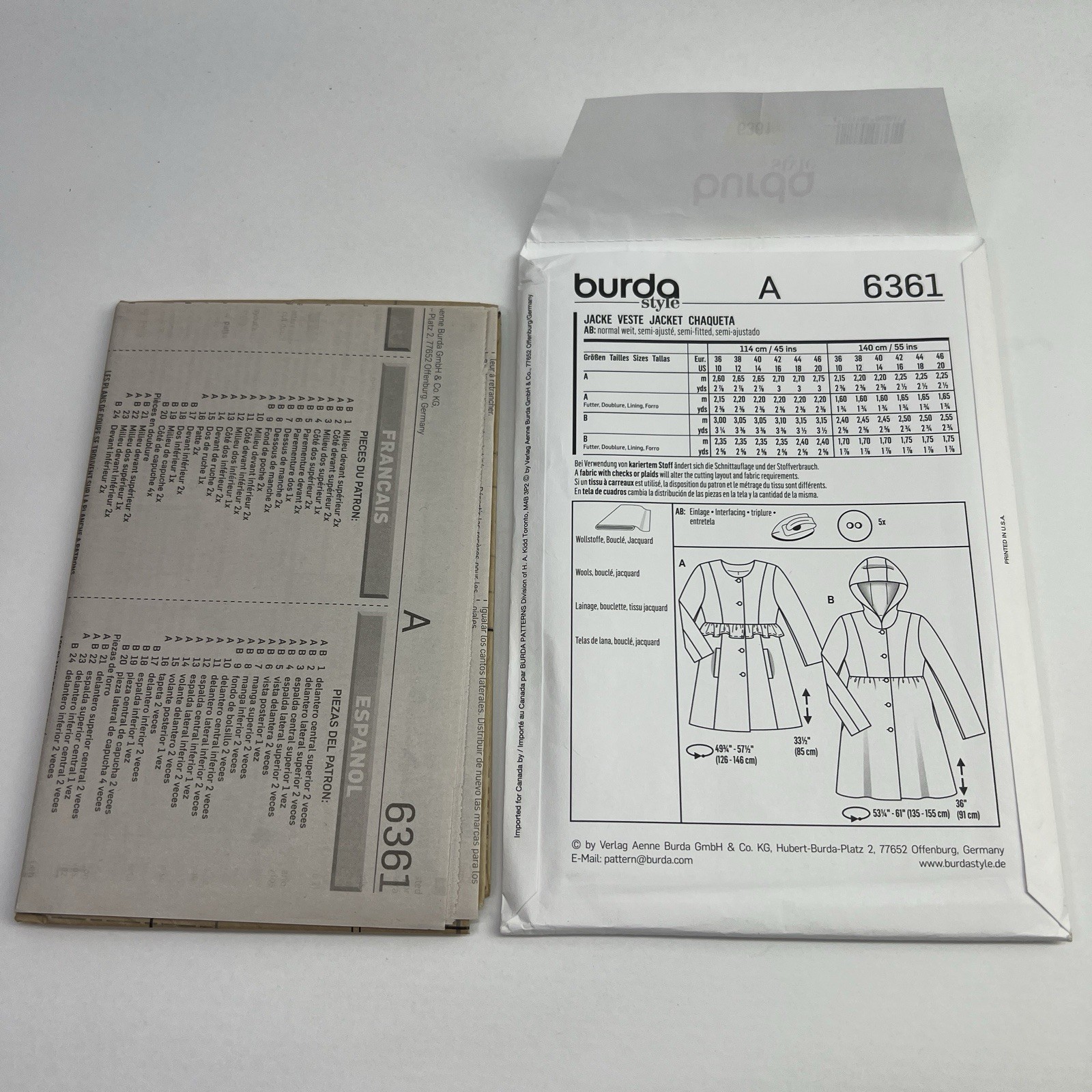 Burda Style 6361 Front Button Jacket 2 Lengths Misses' 10-20 Pattern Uncut Y2K