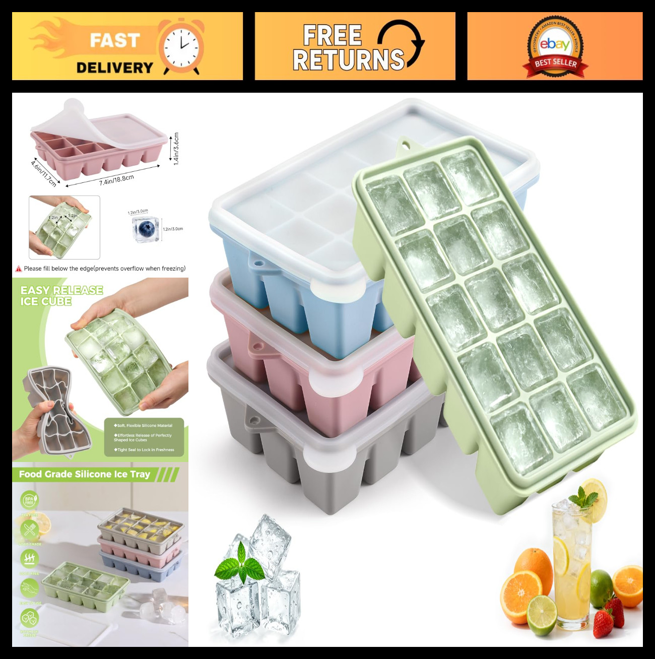 Reusable Silicone Ice Cube Trays with Lids, Set of 4, Easy Release Molds for Coc