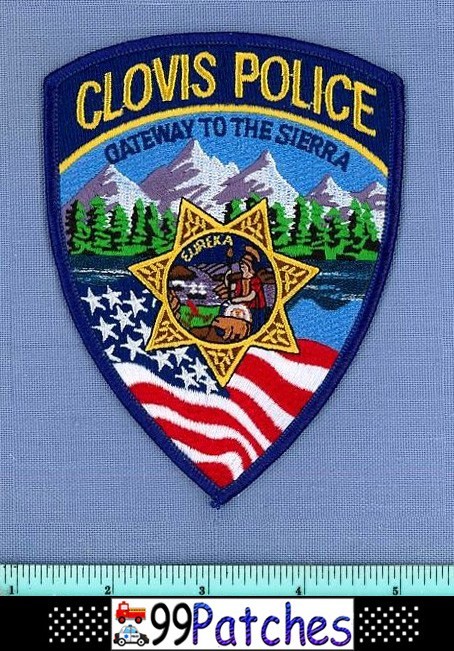 CLOVIS CALIFORNIA Police Patch WAVING US FLAG SNOW MOUNTAIN LAKE TREES 6H