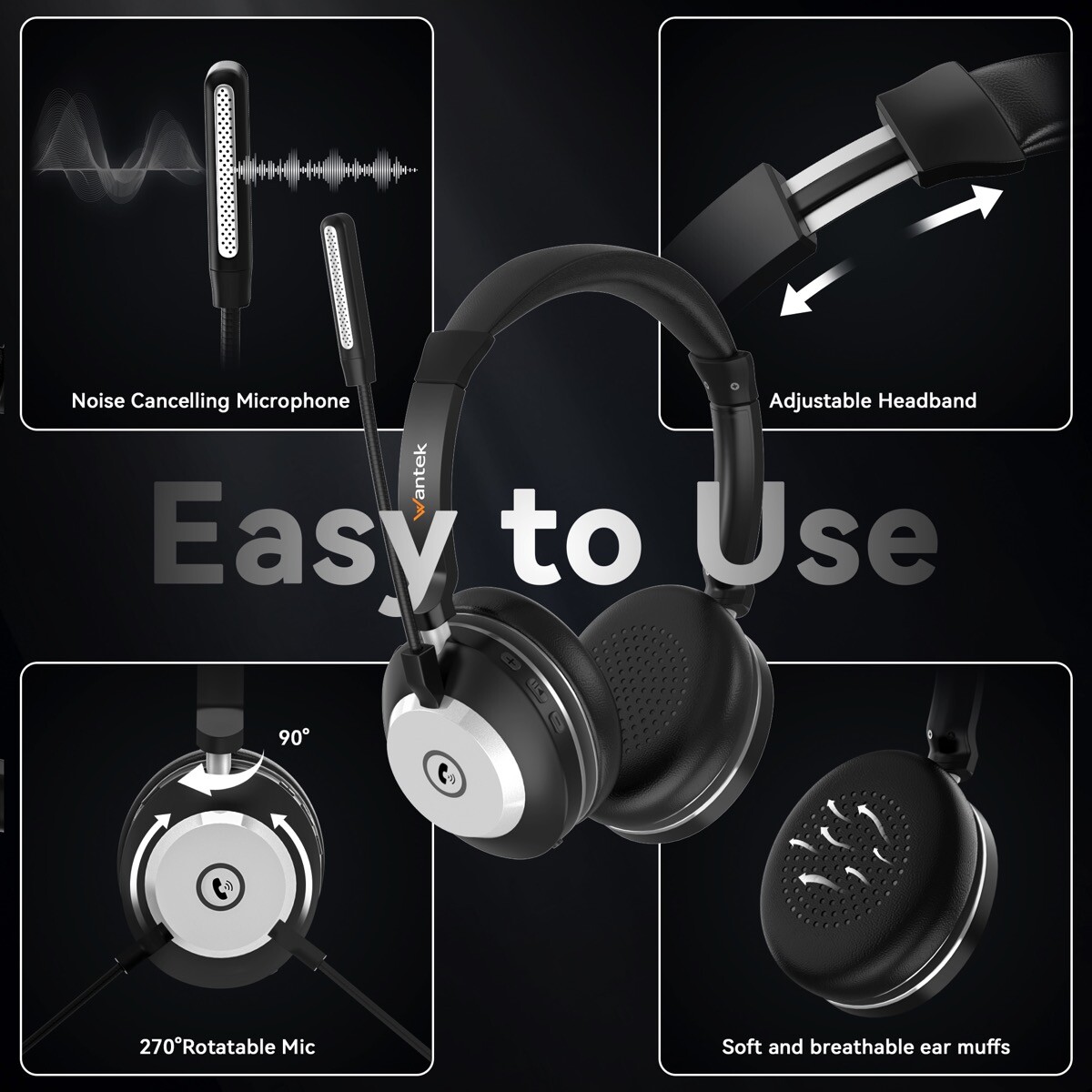 Wantek Bluetooth Headphones with Microphone USB Dongle Wireless Headset for Work