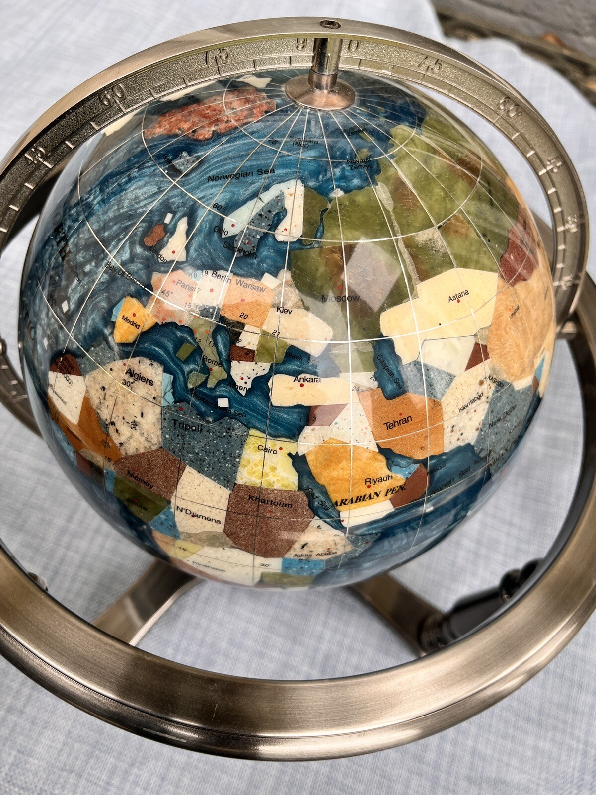 12" Tall Gemstone Table Top Gem Pearl /Gemstone World Map Globe Gorgeous Silver